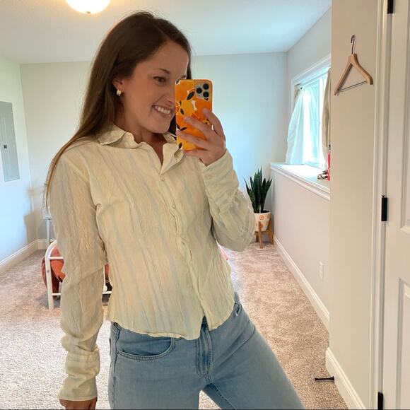 Johnny Cotton Pastel Yellow Blue Metallic Stripe Button Front Top Blouse 2 - Picture 2 of 14